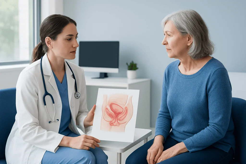 Doctor explaining cystocele to patient with anatomical diagram.