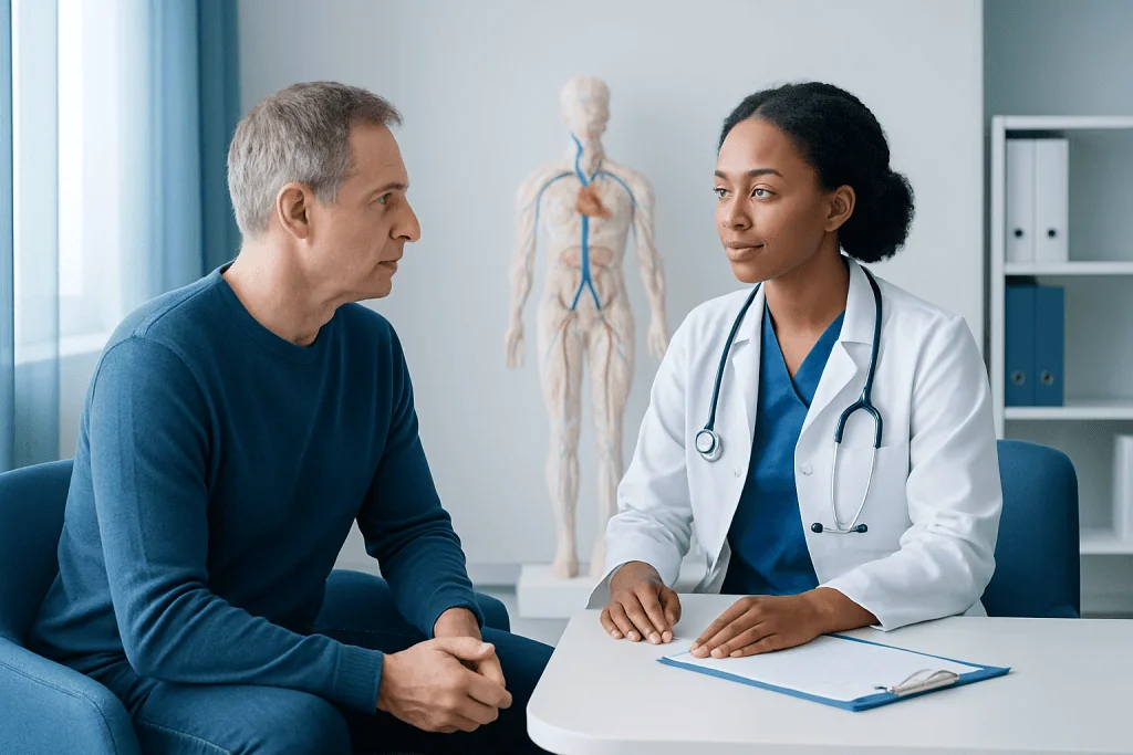 Doctor consulting with patient in a medical office with anatomical model in background.