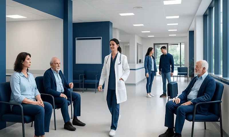 Medical consultation in a modern hospital waiting area with healthcare professionals and patients.