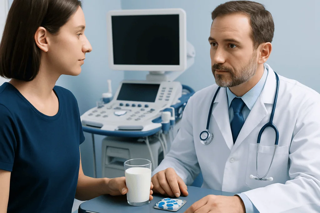 Doctor consulting with a patient about medication in a clinical setting.