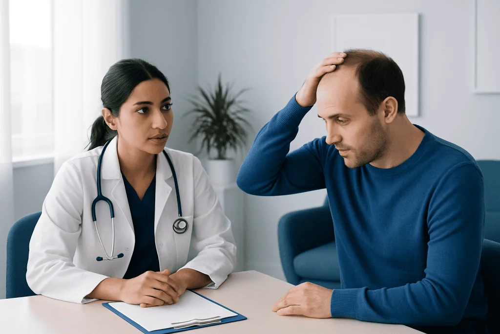Doctor consulting with male patient about hair loss and dandruff issues.