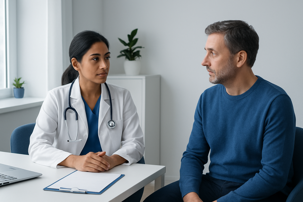 Doctor consulting with a male patient in a medical office setting.