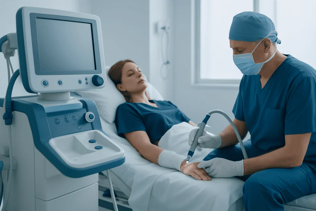 Doctor performing a medical procedure on a patient in a hospital room.