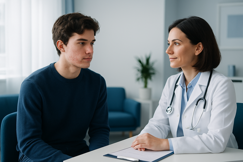 Doctor consulting with a young male patient in a medical office.