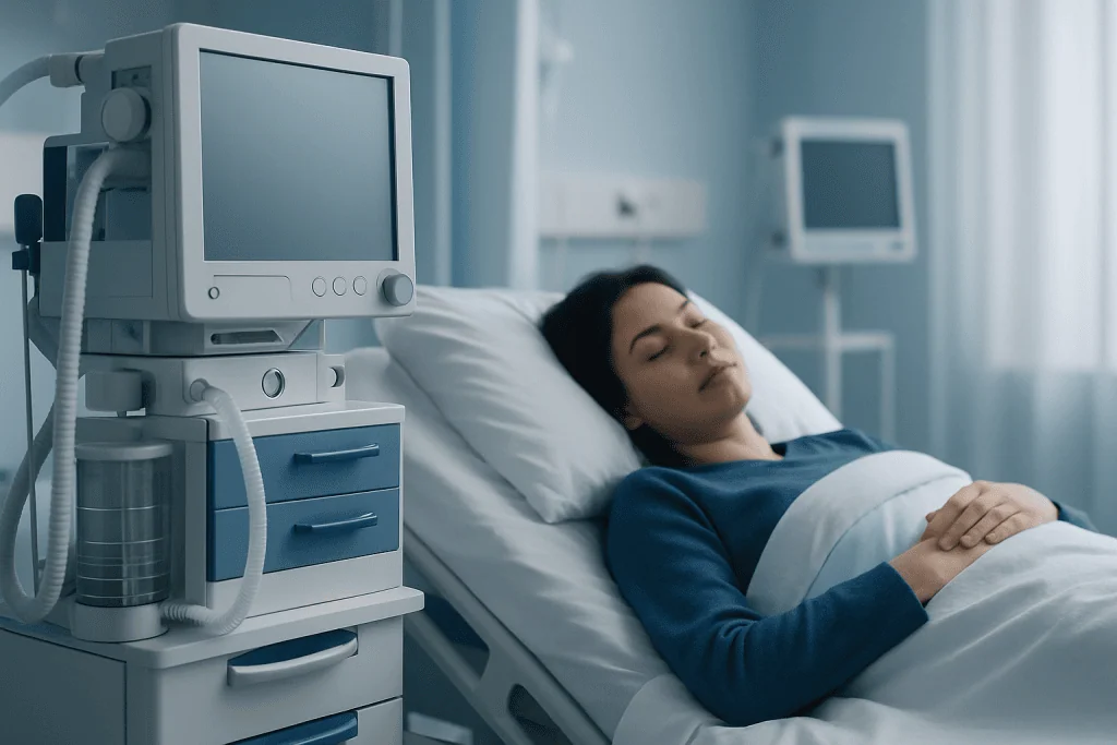 Young woman resting in hospital bed with medical monitors nearby.