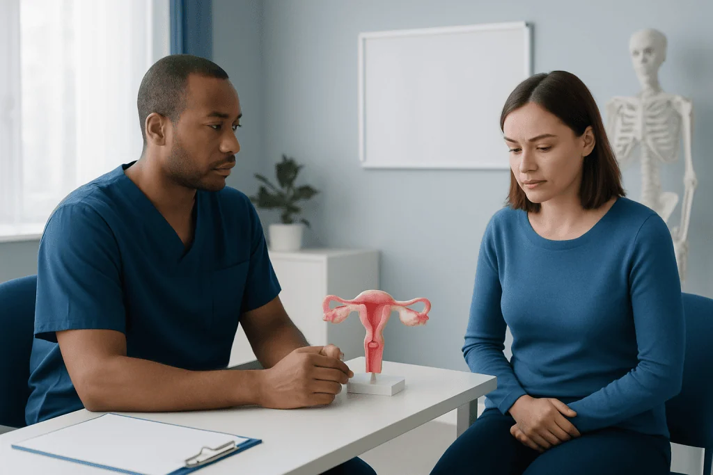 Doctor explaining uterine fibroid to patient with anatomical model.