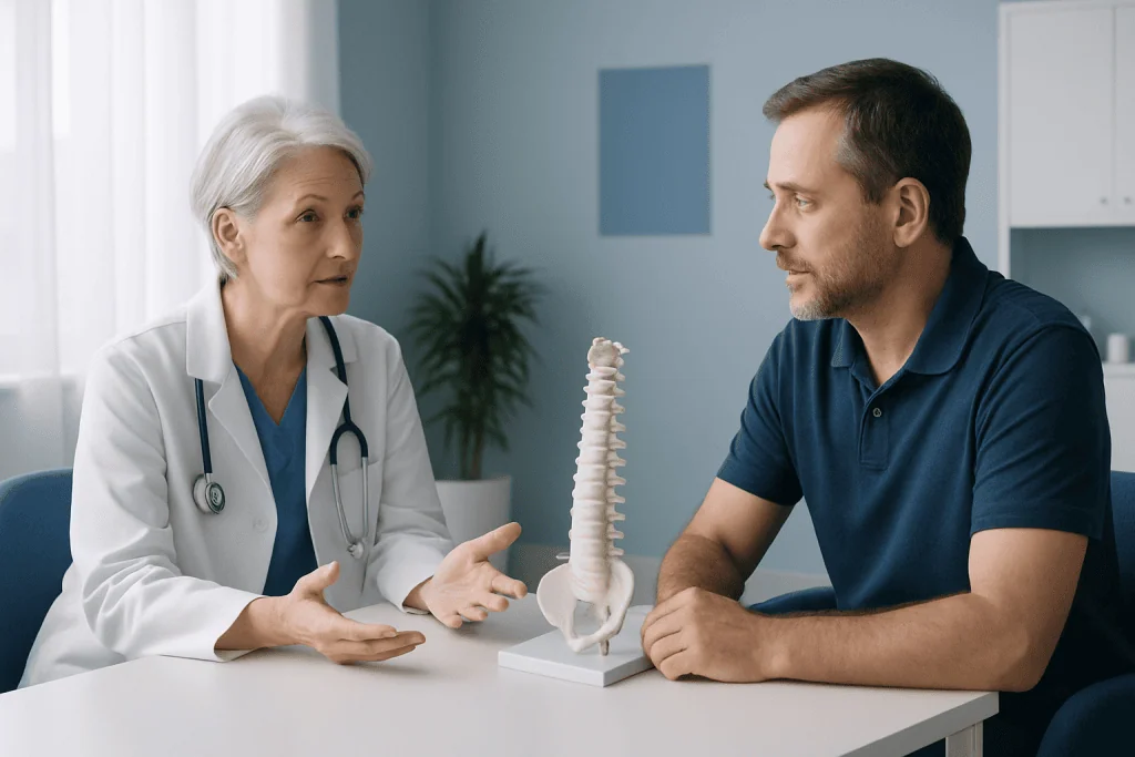 Doctor explaining spinal health to patient with spine model in clinic.