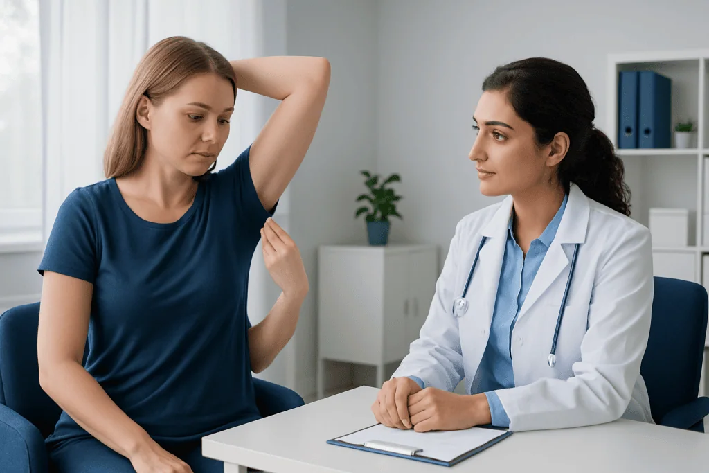 Doctor consulting with patient about deodorant stains and skin health.