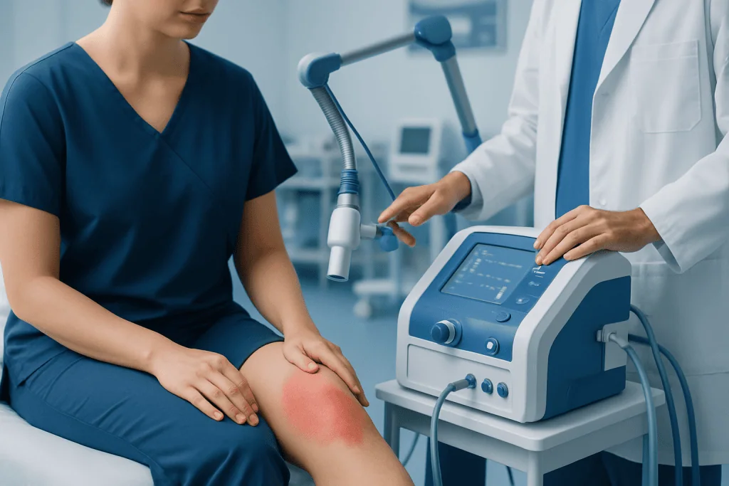 Medical professional examining a patient's knee with advanced equipment.