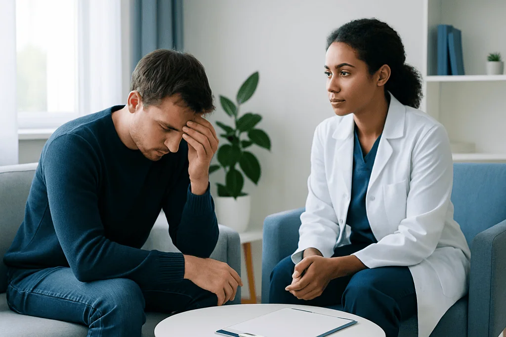 Young man distressed during therapy session with doctor.