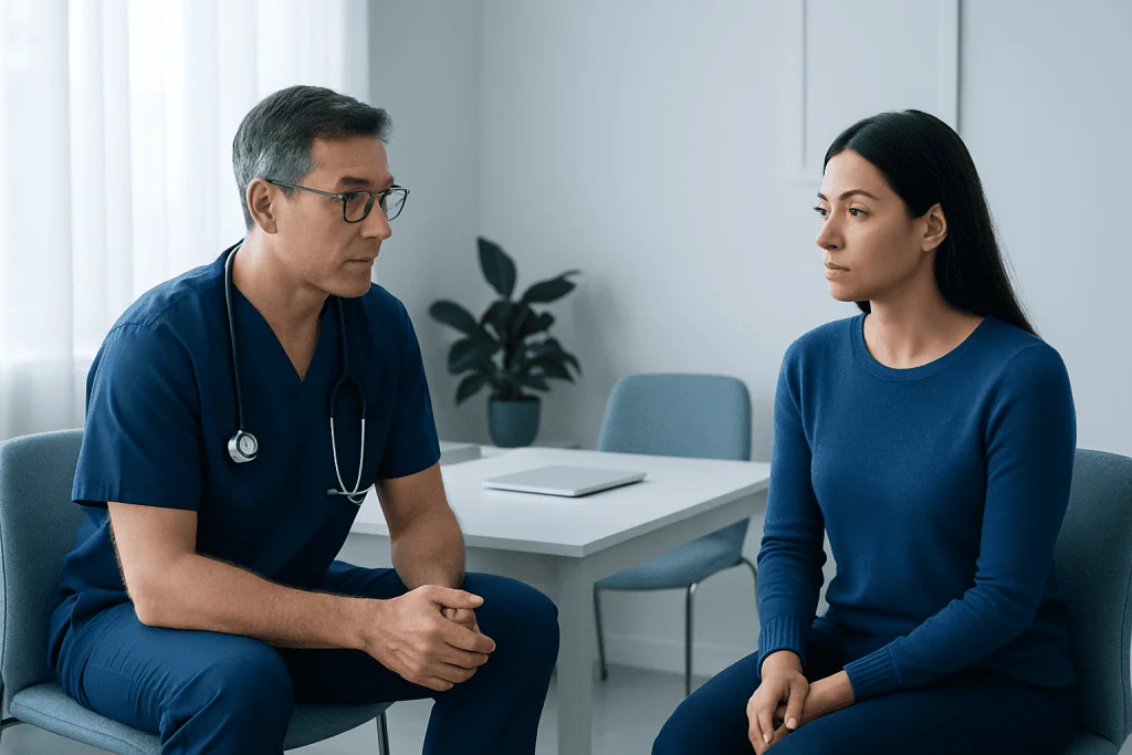 Doctor consulting with a female patient in a medical office.
