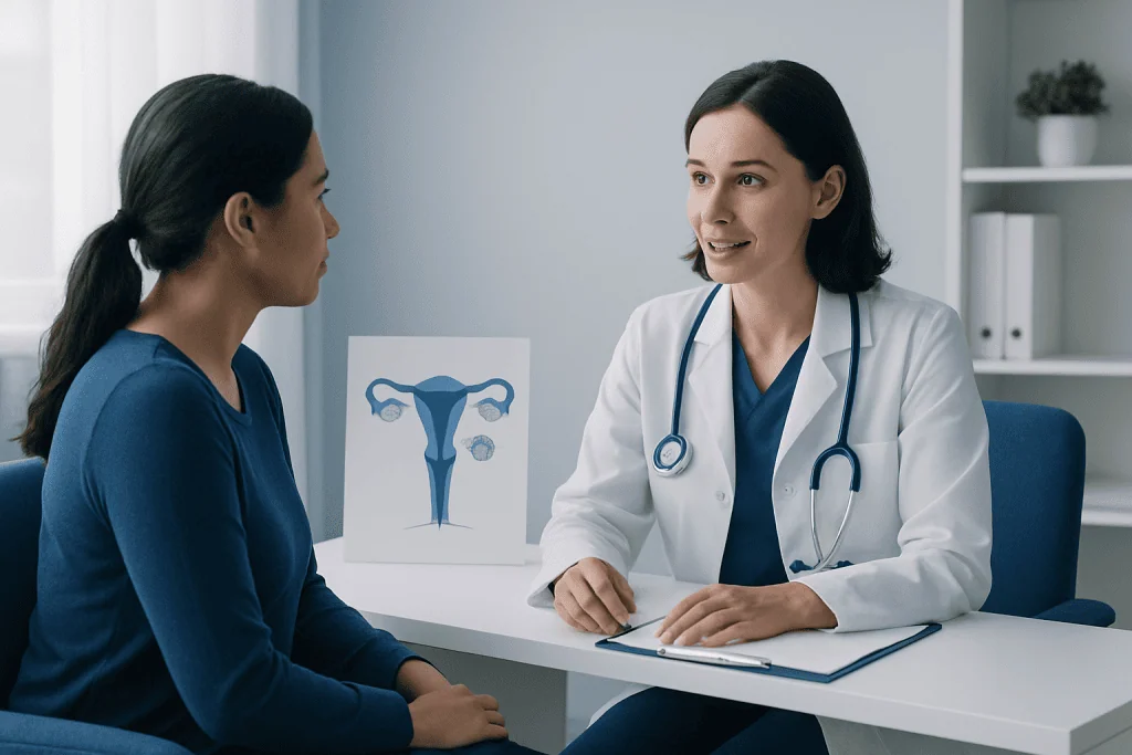 Doctor consulting patient about ovarian health with uterus diagram in background.