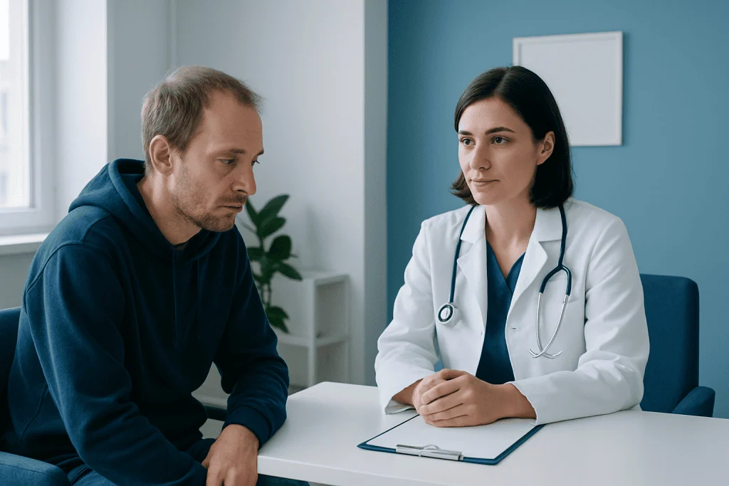Doctor consulting with a patient in a modern hospital room.