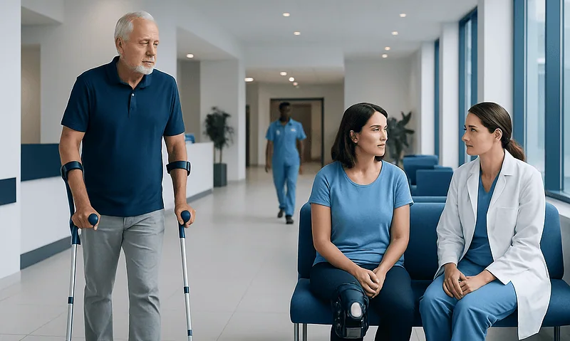 Elderly man with crutches talking to healthcare professionals in hospital corridor.