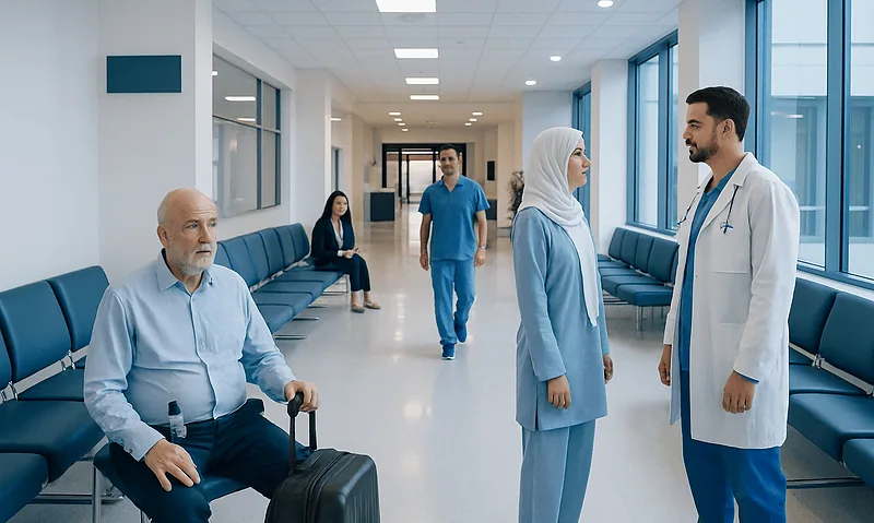 Patients and doctor in hospital corridor at Acibadem Hospitals Group.
