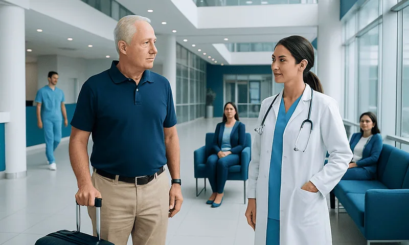 Senior man with luggage talking to a female doctor in hospital lobby.