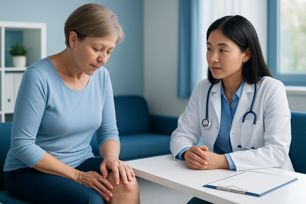 Doctor examining elderly woman's knee during consultation at clinic.