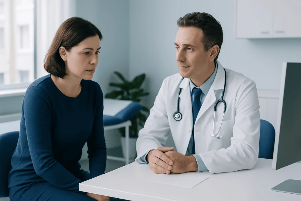 Doctor consulting with a female patient in a medical office.