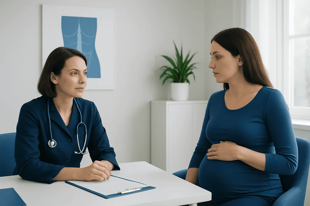 Pregnant woman consulting with a doctor in a medical office.