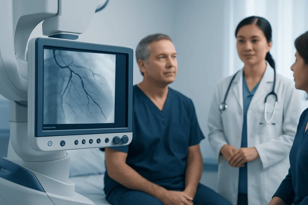 Doctor and nurse discussing patient with medical imaging equipment in hospital.