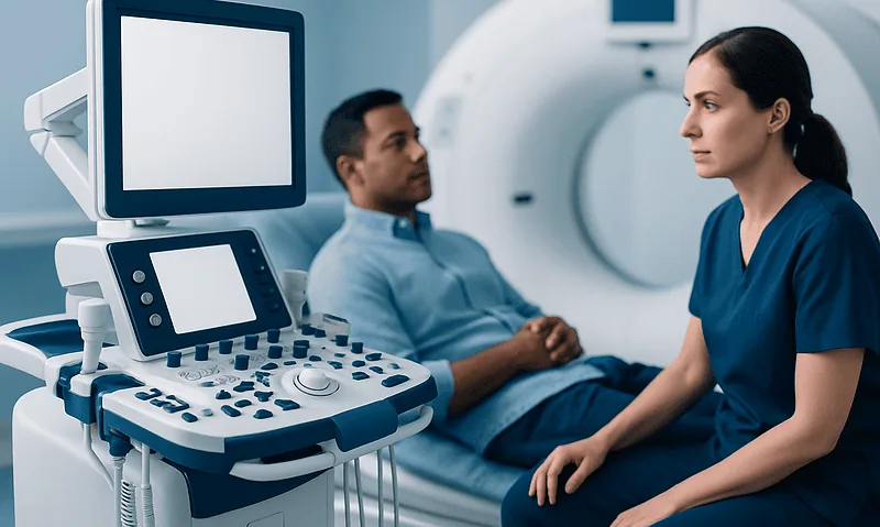 Medical professionals preparing for MRI scan at Acibadem Hospital.