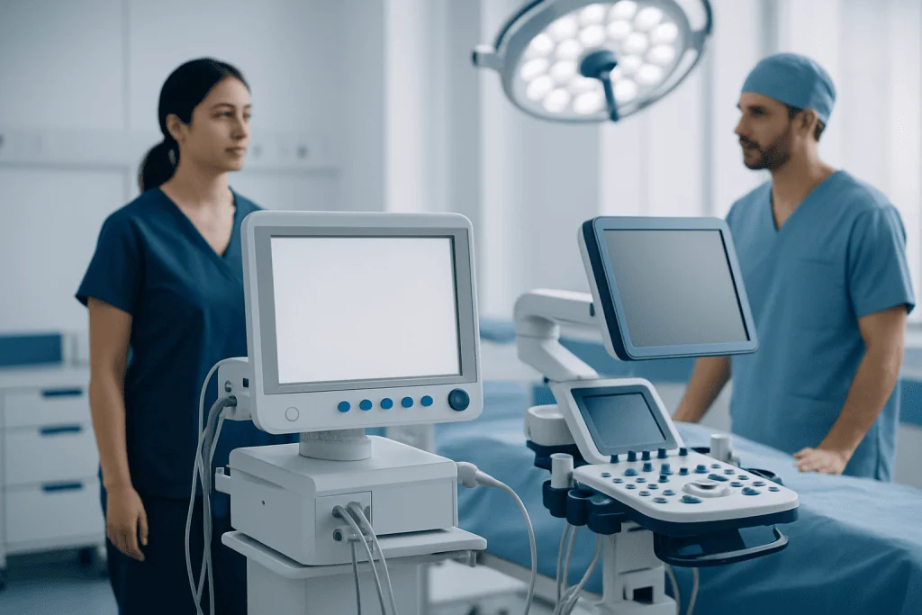 Medical professionals in a hospital operating room with advanced equipment.