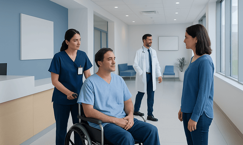 Hospital staff discussing patient care in a modern hospital corridor.