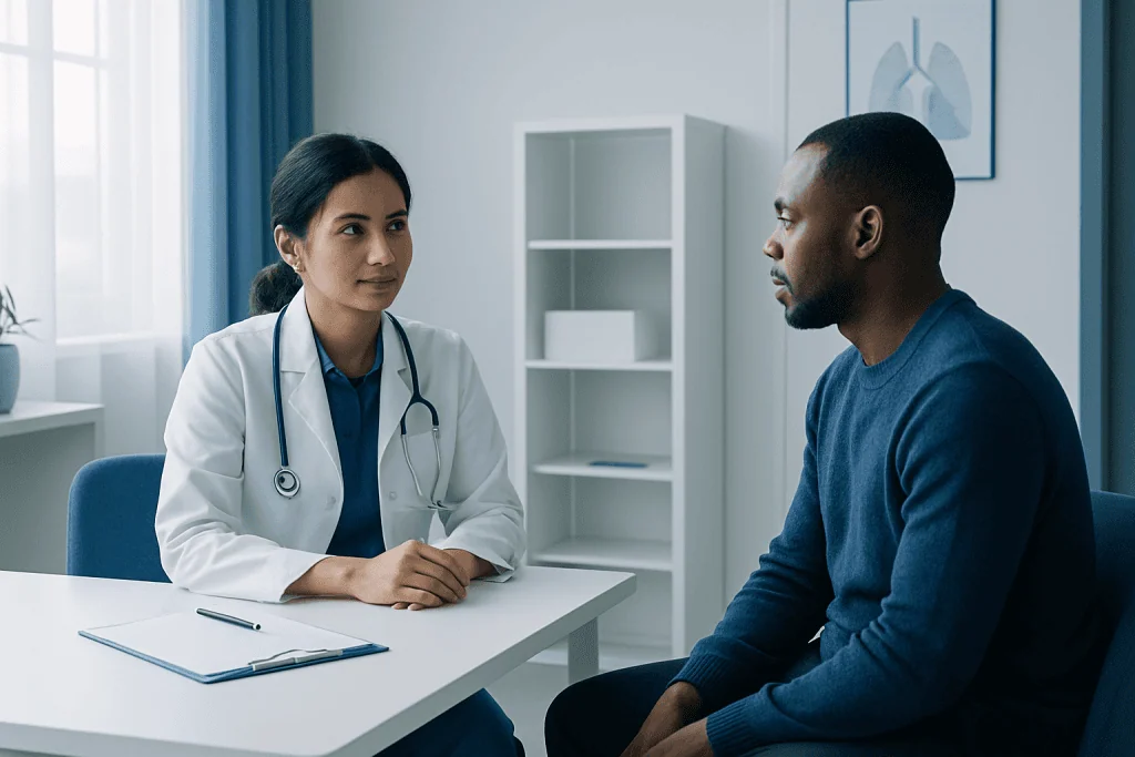 Doctor consulting with a patient in a modern medical office.