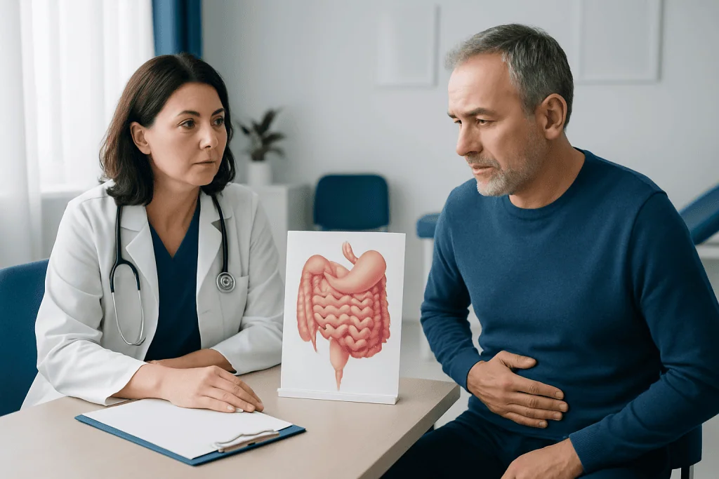 Doctor explaining digestive system to patient in consultation room.