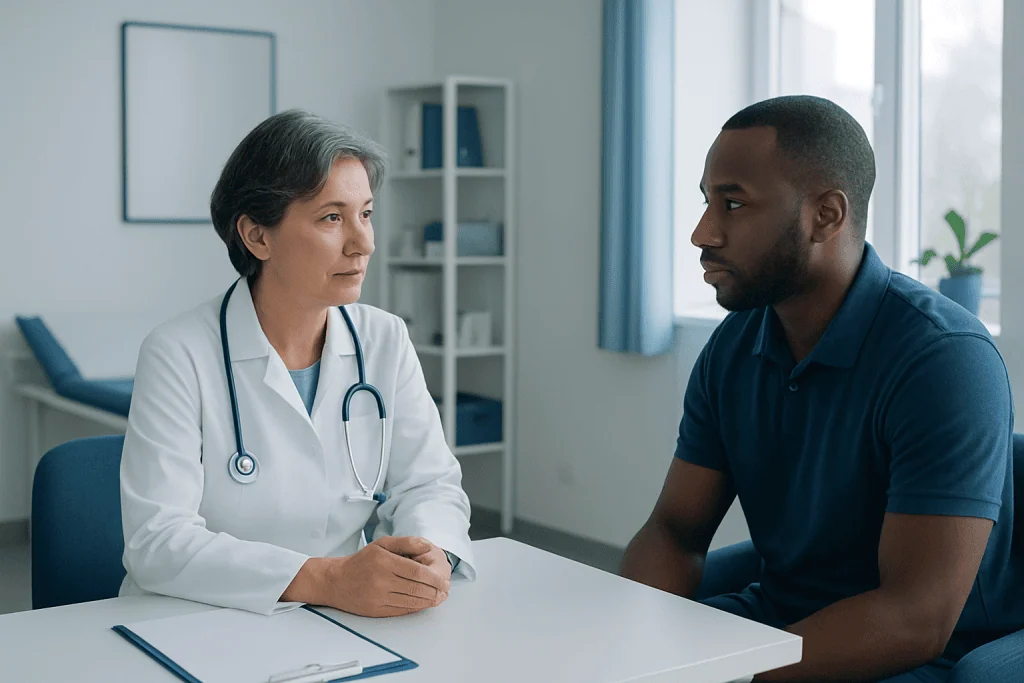 Doctor consulting with a patient in a medical office setting.