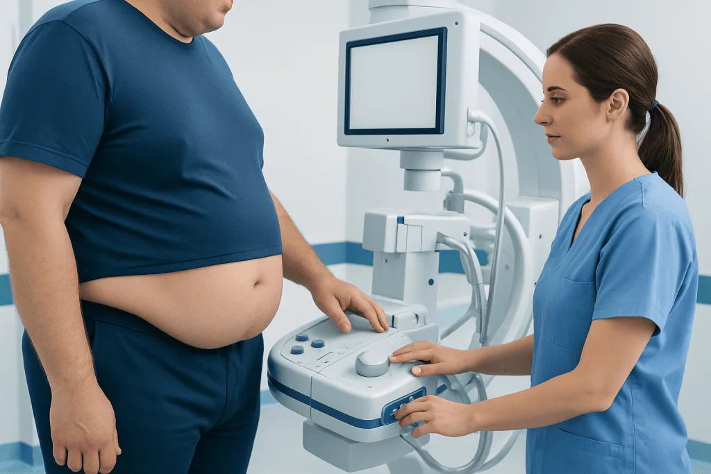 Medical professional performing an ultrasound on a patient's abdomen.