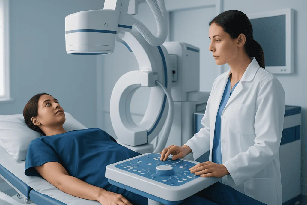 Medical professional operating imaging equipment in a hospital setting.