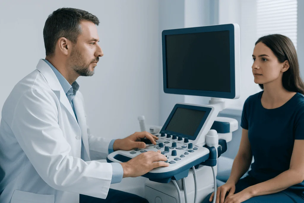 Doctor performing an ultrasound examination on a patient in a medical clinic.