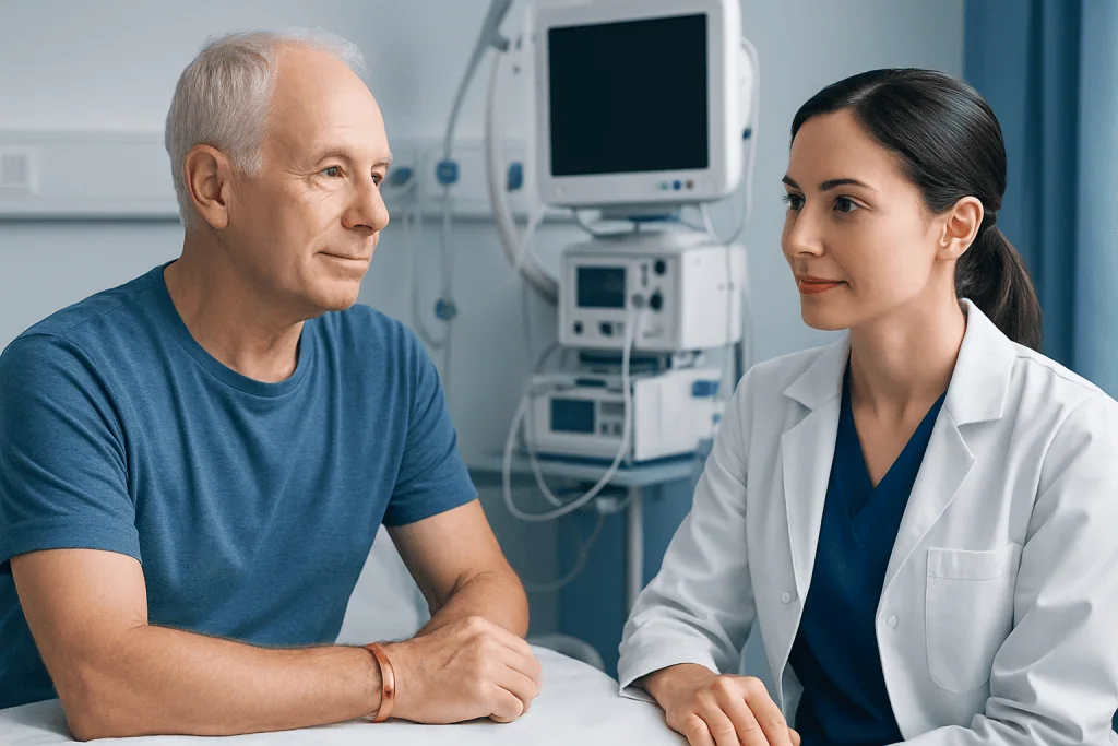 Doctor consulting with an elderly male patient in a hospital room.