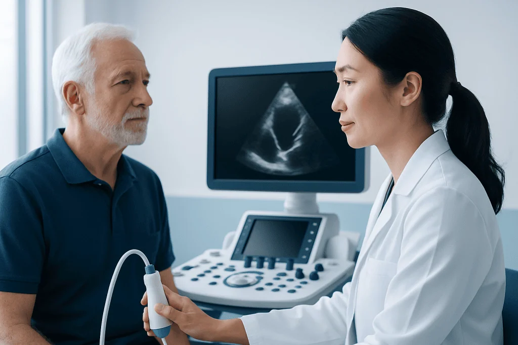 Doctor performing an echocardiogram on an elderly male patient.