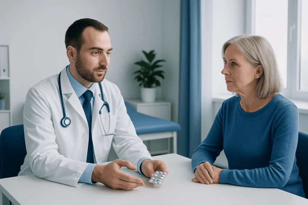 Doctor consulting with an older female patient in a hospital room.