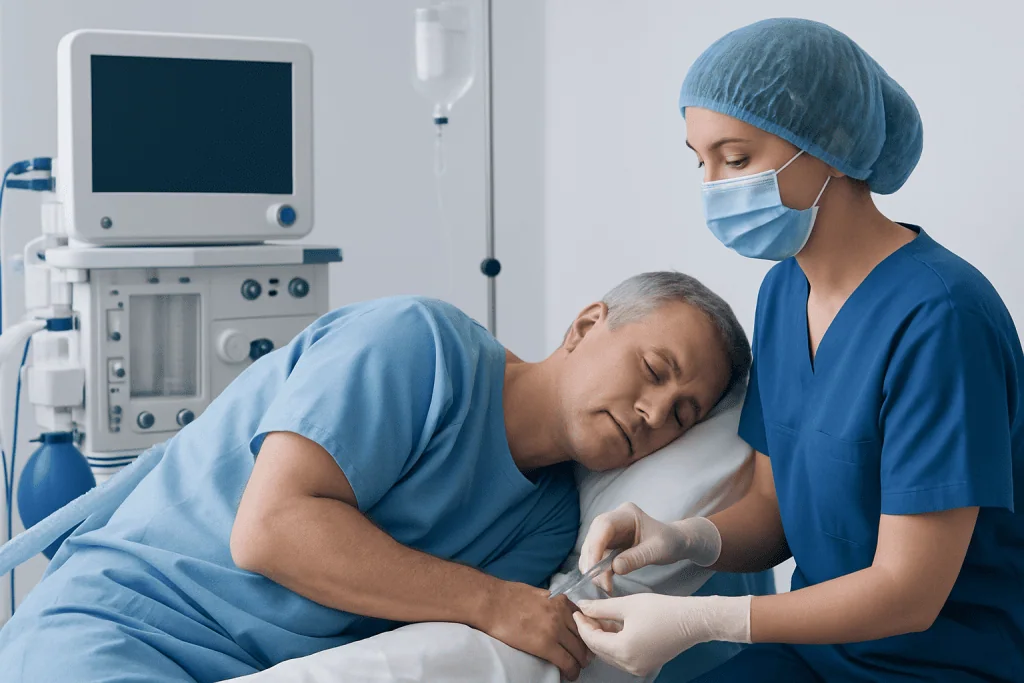 Patient receiving spinal anesthesia in a hospital setting.