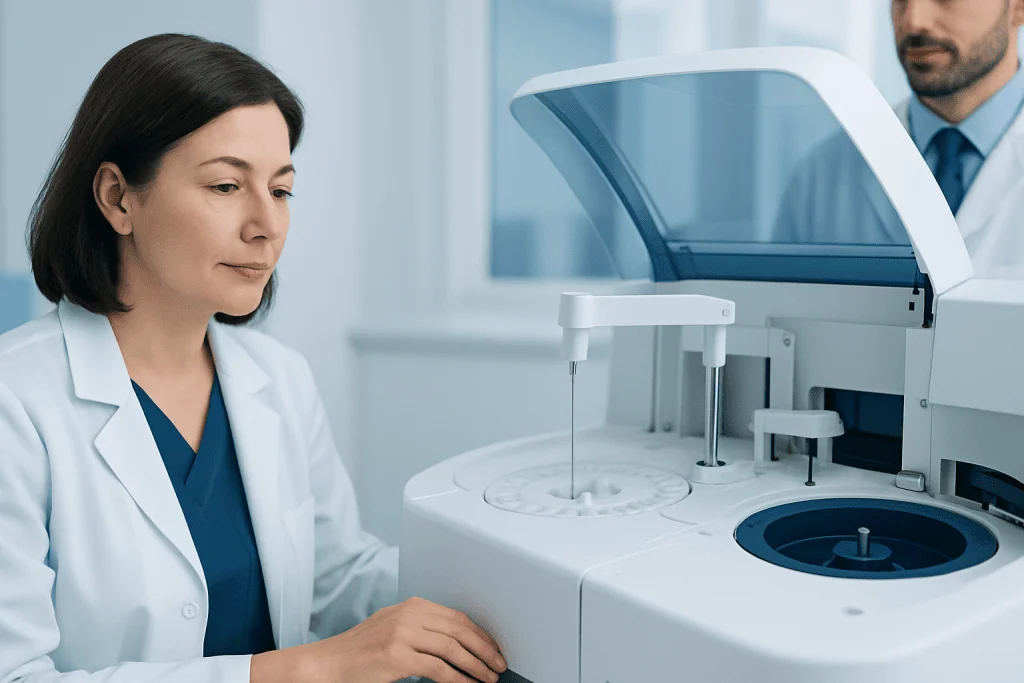 Laboratory technician operating a medical analyzer at Acibadem Hospitals Group.