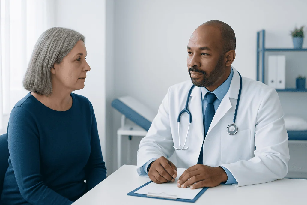 Doctor consulting with an elderly female patient in a medical office.