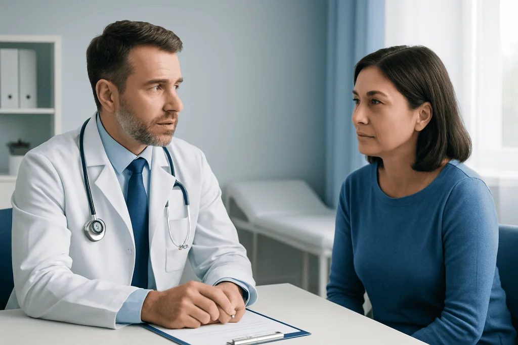 Doctor consulting with a female patient in a medical office.