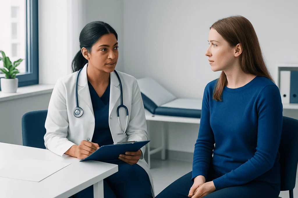 Doctor consulting with patient in a medical office setting.