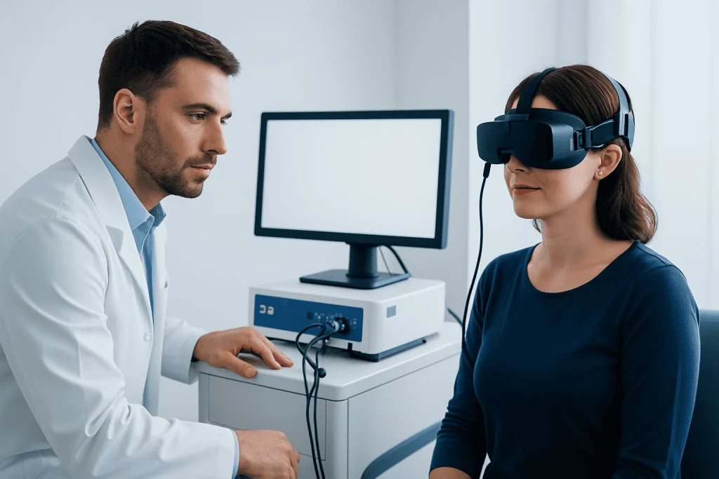 Doctor and patient using virtual reality medical device in clinic.