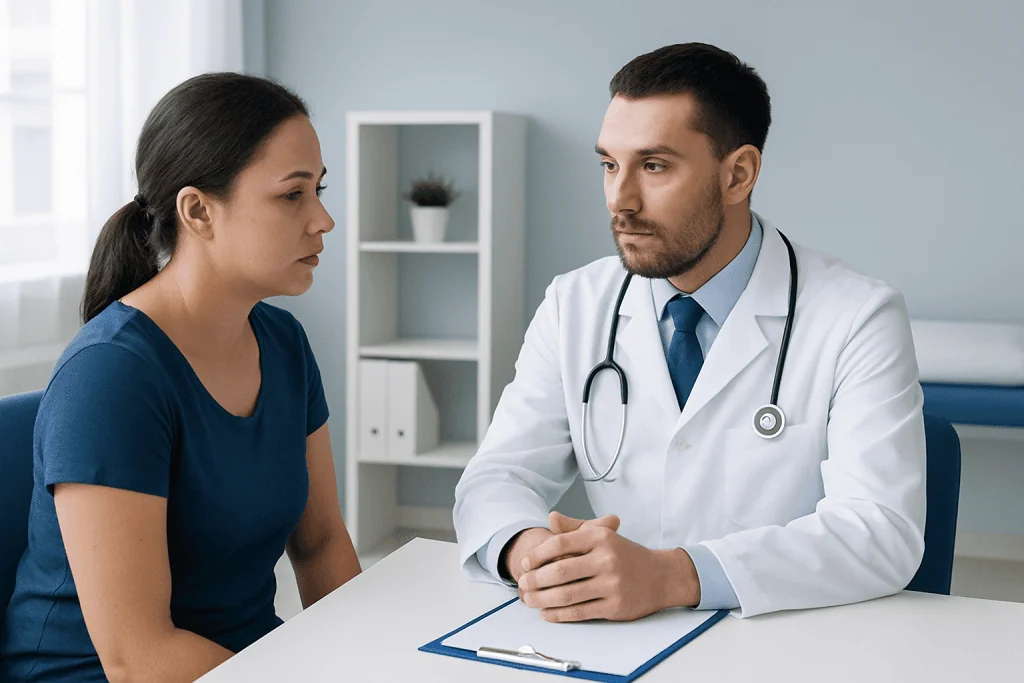 Doctor consulting with female patient in a medical office.