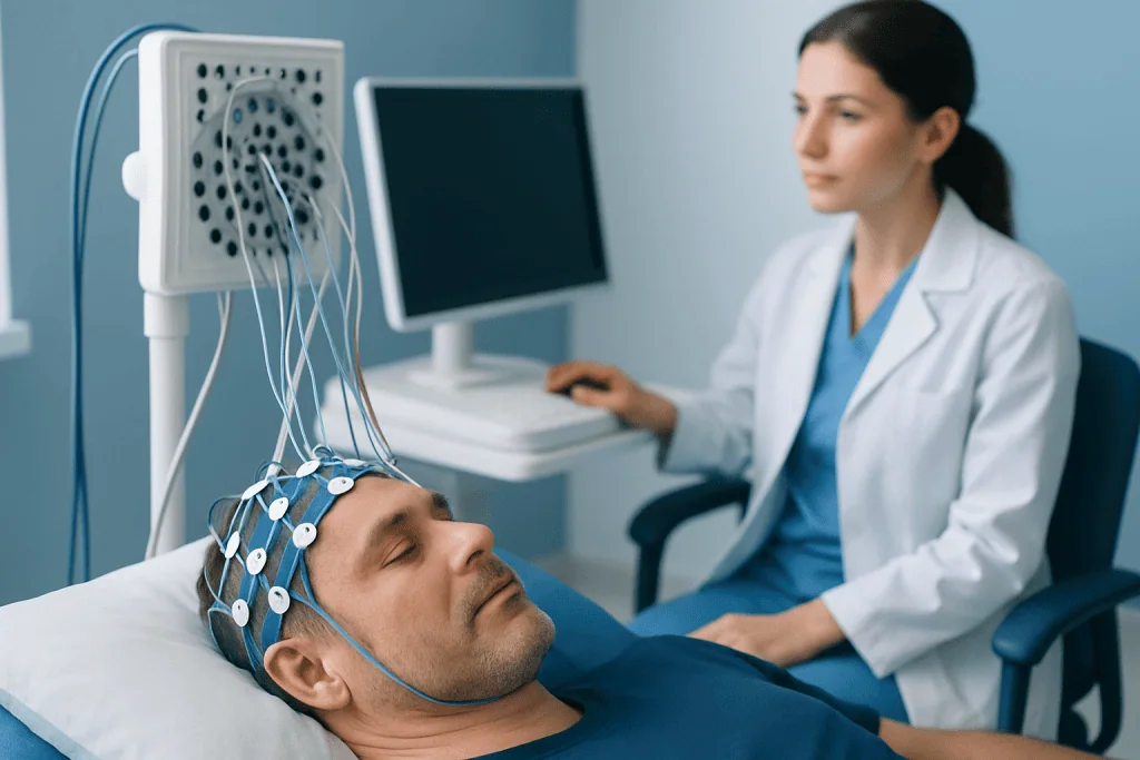 Patient undergoing EEG test with electrodes attached to head in hospital setting.