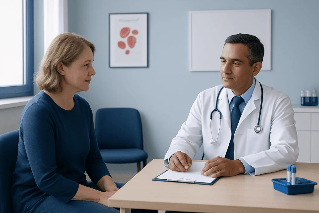 Doctor consulting with a female patient in a medical office setting.