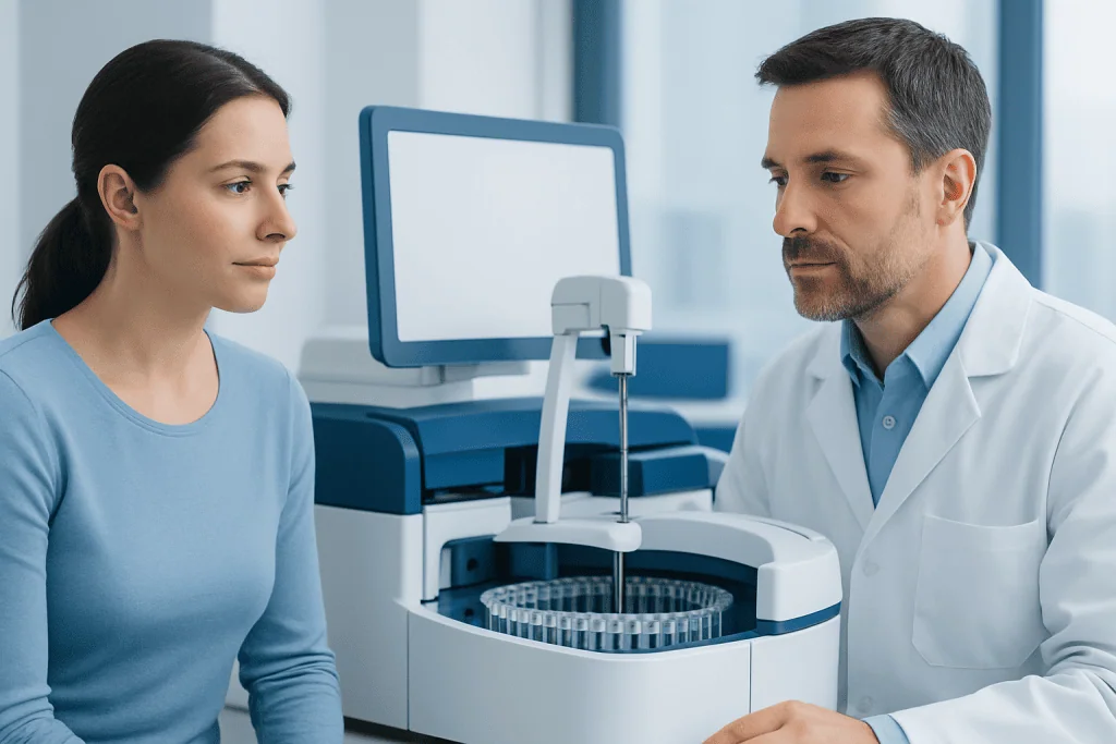 Medical professional explains test results to a patient in a clinical setting.