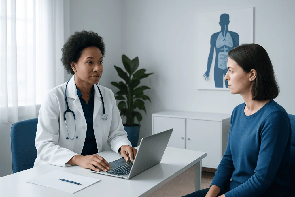 Doctor consulting patient in a medical office with anatomical poster in background.