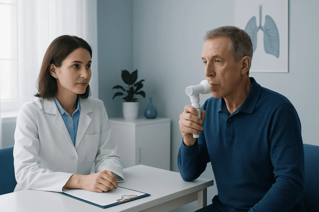 Doctor performing pulmonary function test on patient in clinic.