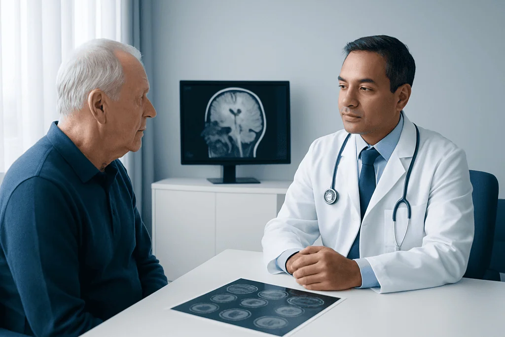 Doctor explaining brain MRI scan to an elderly patient in a hospital setting.