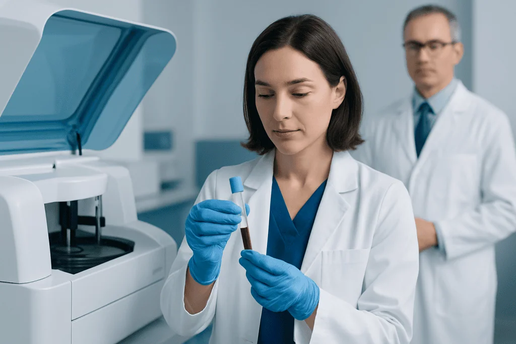 Laboratory scientist analyzing a blood sample with advanced equipment.